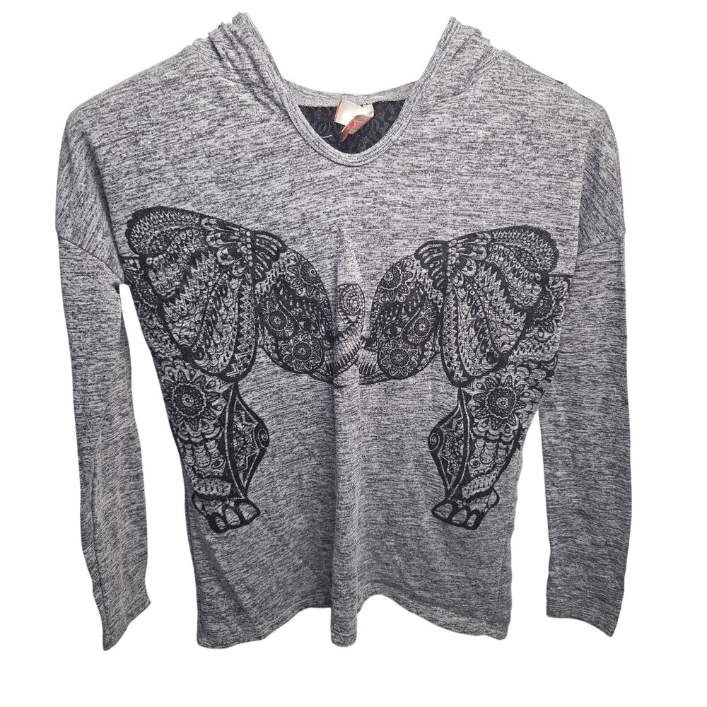 No Boundaries Heather Grey Mandala Elephant Knit Hoodie Tunic Sweater Lace Back
